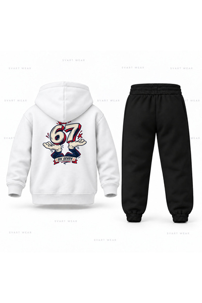 SVART WEAR ستي سيڤن 67 طقم بدلة رياضية للأطفال مطبوعة يدويًا بغطاء للرأس