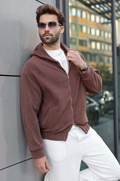 Madmext Brown Hooded Double Zipper Velvet Men's Cardigan E7195