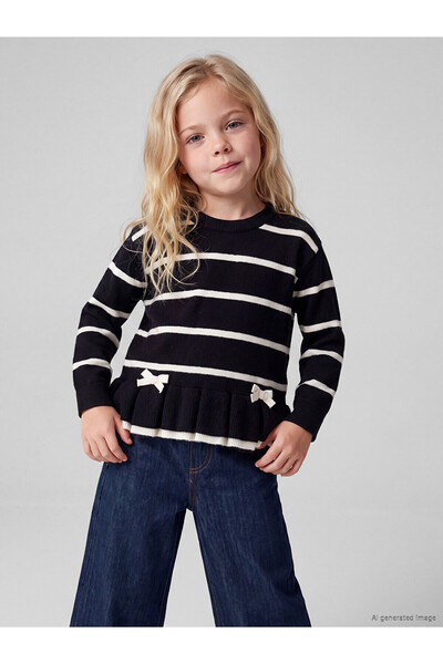 LC Waikiki Alita City Lcw Kids Black Knitwear Striped Oval Neck Girls' Sweater