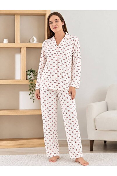 İpek Women's Long Sleeve Front Buttoned'Kiss' Kiss Pattern 100% Cotton Ribbed...