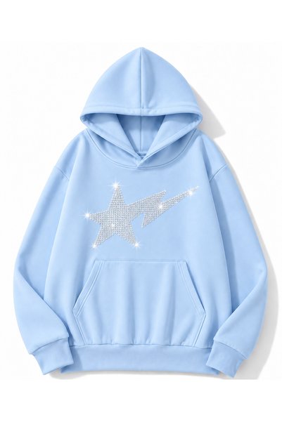 MOONBULL Unisex Yıldız Şimşek Taş Baskılı 3 İplik Kışlık Kapüşonlu Kanguru Ce...