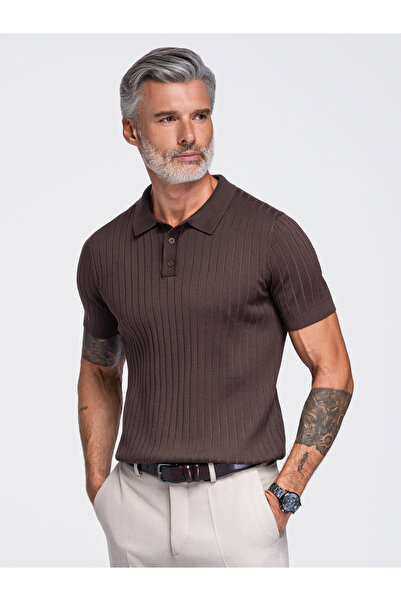 OMBRE Tricou bărbătesc, Slim Fit, Guler clasic OM-POSS-0180 Maro închis