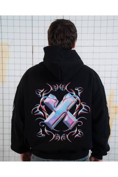 Minga London Siyah Holografik X Sırt Baskılı Kapüşonlu Oversize Sweatshirt