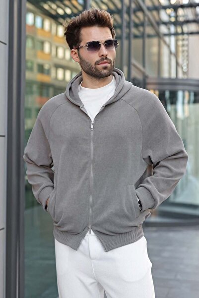 Madmext Gray Hooded Double Zipper Velvet Men's Cardigan E7195