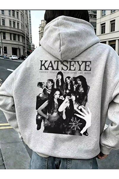 Minga London Γκρι φούτερ Katseye με στάμπα στην πλάτη, oversized, με κουκούλα