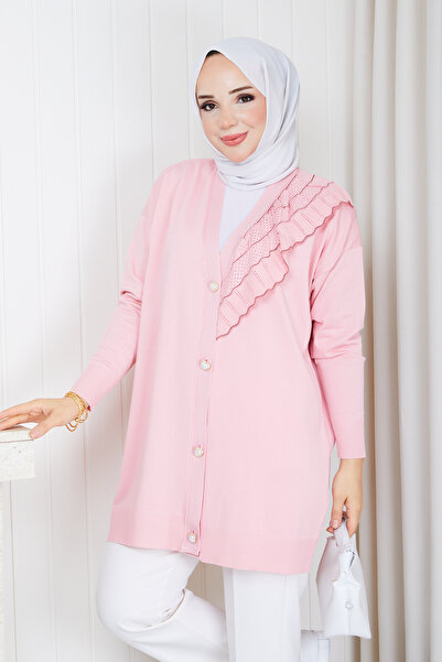 Pamuk Butik Kadın Simli Fırfırlı Kalp Düğmeli Merserize Triko Hırka