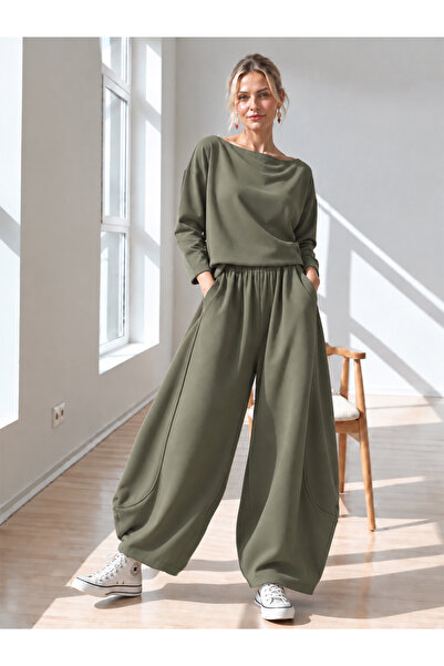 Catz Clothes Kadın Modal Rahat Takım Mona Pastel Haki Rahat Şalvar Bluz Takım