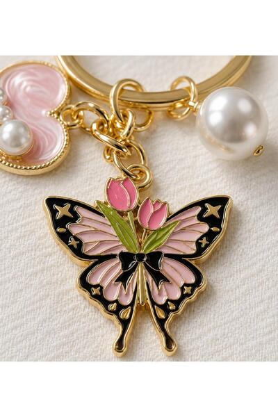 Hilosh Pink Butterfly Pearl Detailed Bag Keychain – Stylish and Elegant Bag Accessory
