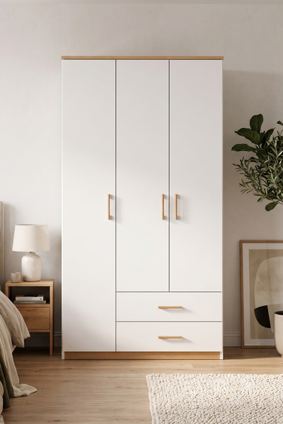 Canisa Lefona 3 Kapaklı 2 Çekmeceli Gardırop Beyaz Meşe Modern Yatak Odası Do...