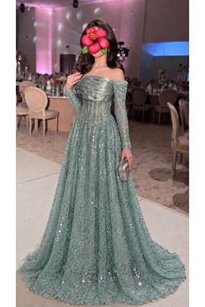 Mazon Fashion فستان سهرة أخضر تفاحي مزين بالترتر