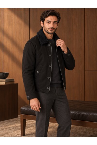 Danger Men's Fur Collar Quilted Coat Jacket Black 4322Dngr