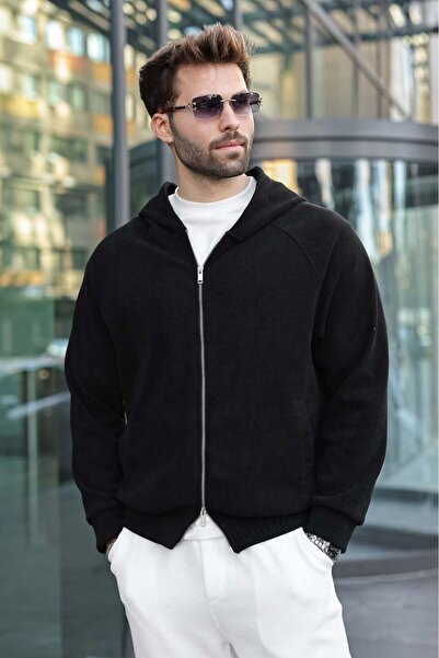 Madmext Black Hooded Double Zipper Velvet Men's Cardigan E7195