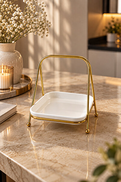 Leila Tek Katlı Gold Lüks Sunumluk Çikolata Ve Lokumluk Mika Tabak 19 cm