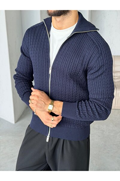 FO4RBS Knitted Patterned Double Zippered Knitwear Cardigan m - Dark Blue