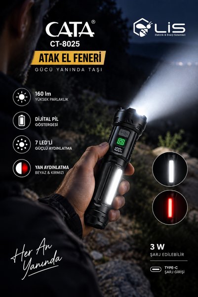 Cata CT-8025 Atak El Feneri 9 Fonksiyonlu TYPE-C Şarjlı Led Fener