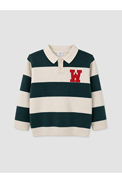 LC Waikiki Lcw Kids Green Knitwear Striped Polo Collar Boys' Sweater with Nev...