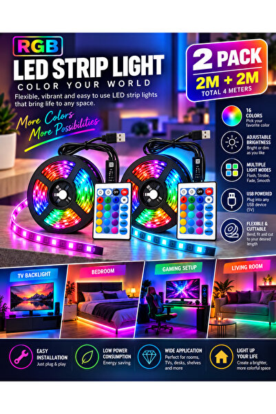 JİLDAAN مجموعة من شريطين إضاءة LED RGB، كل منهما بطول 2 متر (إجمالي 4 متر) - ...