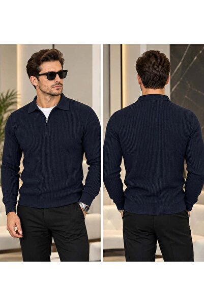 Polo Yaka Triko Sweatshirt - LACİVERT - ST 506