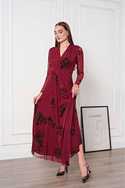 maf collection فستان سهرة نسائي بأكمام طويلة وياقة على شكل V ولون أحمر داكن م...