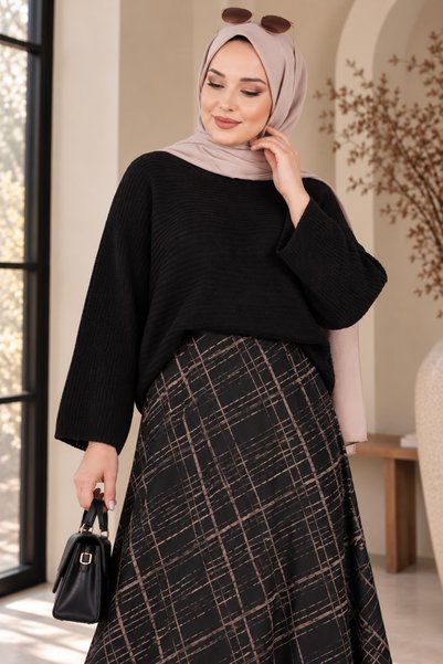 ASTEMİA Women's Knitwear Sweater Patterned Scuba Skirt Double Hijab Set Sb0063