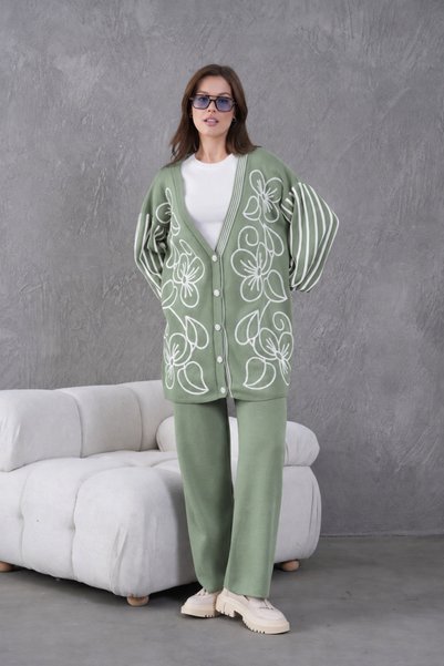 Moda Neval Women's Embroidered Sleeve Striped Knitwear Cardigan Pants Two-Pie...
