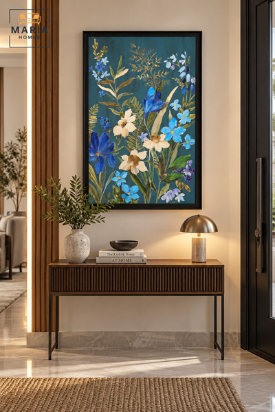 MARIA HOMES لوحة جدارية حديثة مؤطرة |   لوحة زهور زرقاء بإطار أسود، عمل فني زخرفي لغرفة المعيشة وغرفة النوم والمكتب - 80 × 120 سم