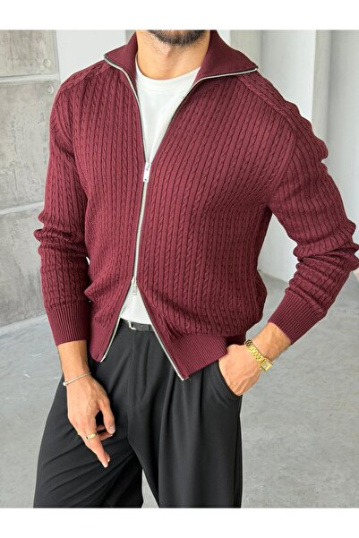 FO4RBS Knitted Patterned Double Zipper Knitwear Cardigan m - Bordo