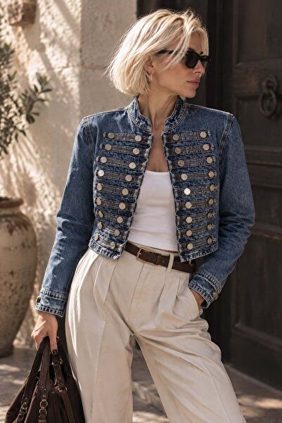 ibeeka Women's Antique Silver Epaulet Metal Button Design Denim Jacket