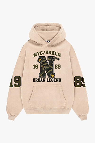 Sekizbiraltı Urban Legend Printed Beige Oversize Unisex Hoodie