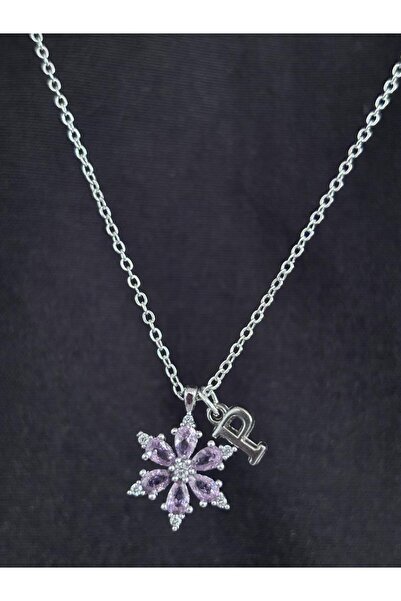 bijoux uniques Pink Zircon Stone Lotus Flower Letter P Women's Steel Necklace