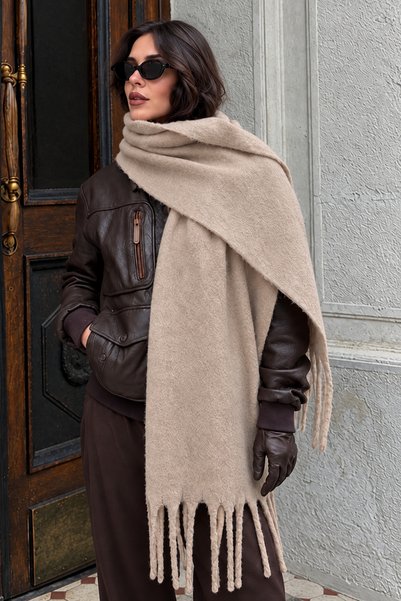 Mollycrush Women's Beige Winter Shawl |   Soft Textured Tasseled Shoulder Scarf