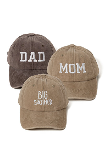 Nome Studio Nakışlı Bej Kahve Mom Dad Big Brother Şapka 3lü Paket Anne Baba E...