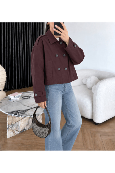 Hepsi Moda Düğmeli Kısa Trençkot - Mürdüm