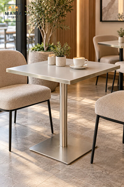 MARIA HOMES Modern Café Table | Square Silver Pedestal Table with Central Col...