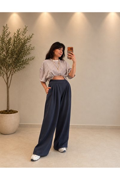 EMİNE PELTEK Pileli Geniş Paça Eşofman Antrasit