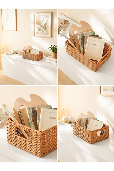Ocean Home Textile Yıkanabilir Bej PP Rattan Dolap İçi Çamaşır Çocuk Odası Oyuncak Düzenleyici Saklama Sepeti Organizer 33x23x11