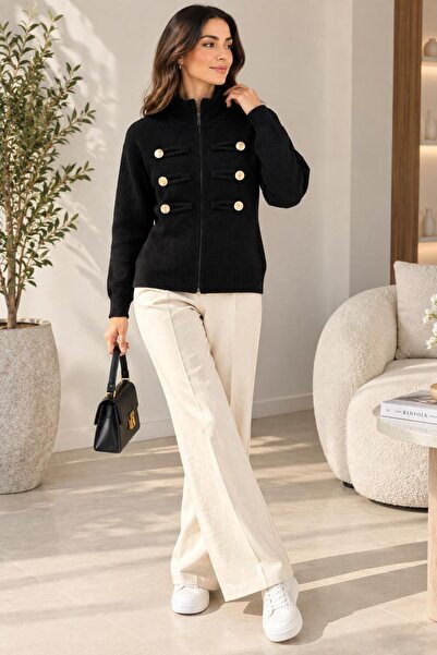 kılıçbey tekstil Women's Stand Collar Zippered Knitwear Cardigan with Gold Bu...