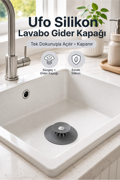 UFO Silikon Lavabo Gider Kapağı Basmalı Süzgeçli Tıpa 11x11 cm Antrasit (1 Adet)