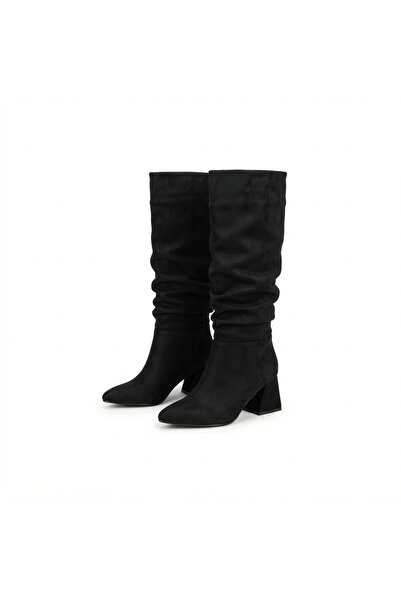 Zerenyus Zri̇nx-2002 Premium Black Suede Bellows Thick Heeled Women's Boots 7 cm