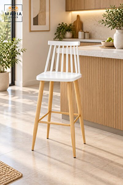 MARIA HOMES Modern Bar Chair | White Spindle Back Counter Chair with Natural ...