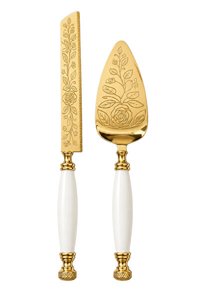 Jenisa Beyaz Saplı Altın Renk Pasta Kek Kesme Bıçağı ve Servis Spatulası 2’li...
