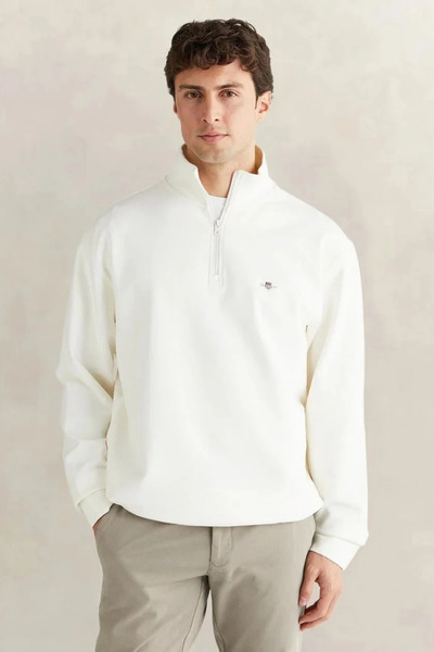 Gant Erkek Beyaz Relaxed Fit Yarım Fermuarlı Sweatshirt