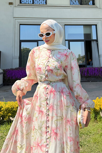 fushya design Düğme Birit Detaylı Çiçekli Elbise