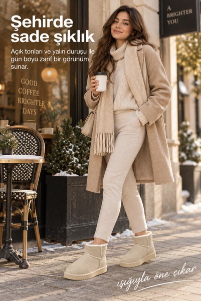 Miss Kiss Women's Beige Suede Look Short Ankle Flat Sole Mini Winter Boots with Fur Inside