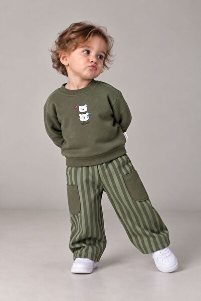 SEENJOB KİDS Simit Yaka Bear Baskılı Sweatshirt/Çizgili Cep Detaylı Bol Paça ...