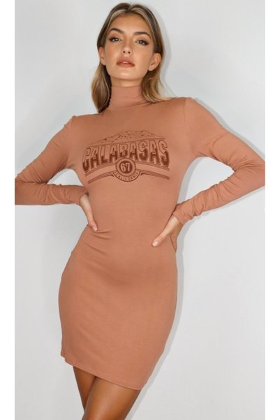 Merlot Rochie mini din viscoză cu guler înalt și imprimeu, maro