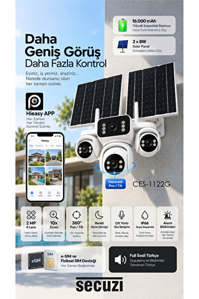 3 Manuel 1 Hareketli Kameralı 2MP 4G Solar Panel / Güneş Enerjili Akıllı Güvenlik Kamerası - E-SIM , Fiziki SIM Uygun - Çift Yönlü Ses - 180 GB SIM Kart Hediye!