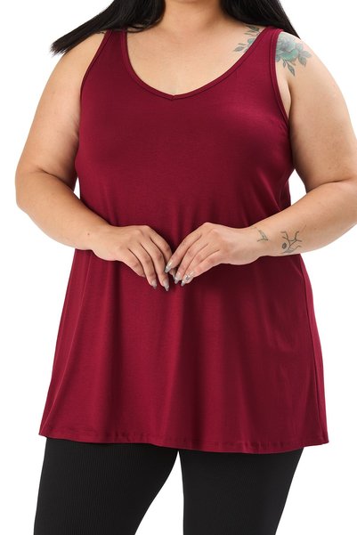 DISENTIS MODEST Plus Size V-Neck Flared Cut Long Burgundy Blouse
