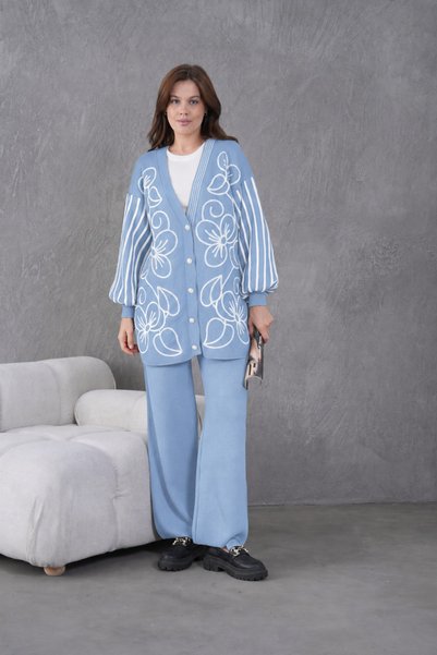 Moda Neval Women's Embroidered Sleeve Striped Knitwear Cardigan Pants Two-Pie...
