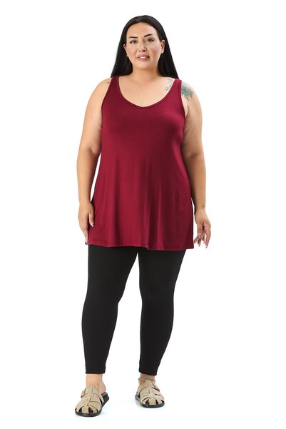 DISENTIS MODEST Plus Size V-Neck Flared Cut Long Burgundy Blouse